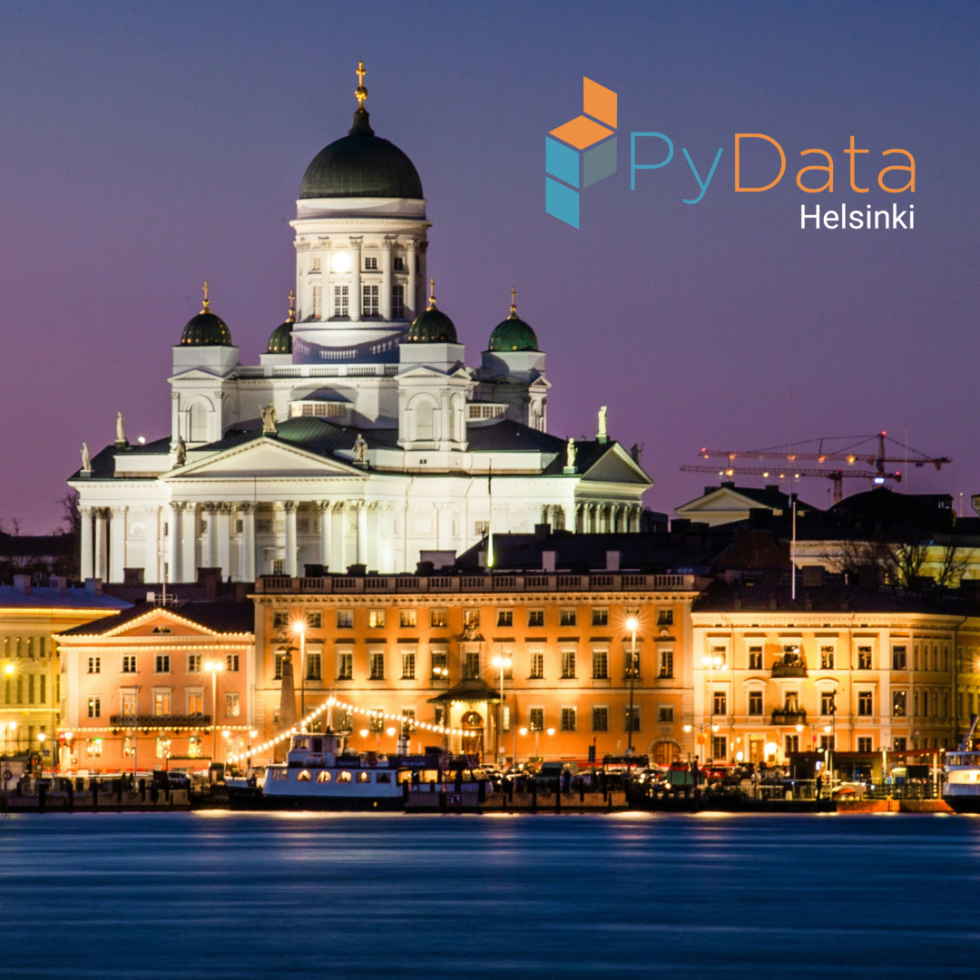 Helsinki Cathedral at Nightfall, photo by Tapio Haaja, overlaid with 'PyData Helsinki'